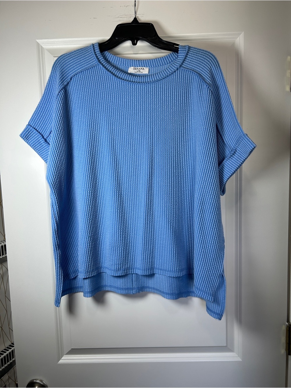 Zenana Outfitters Light Blue Short Sleeve Waffle Knit Top